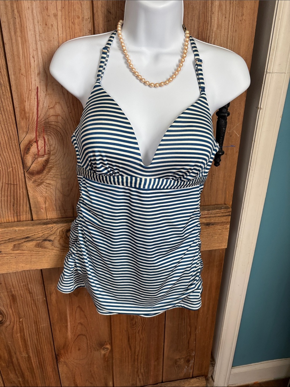 Athleta Navy & White Striped Halter Tankini Top